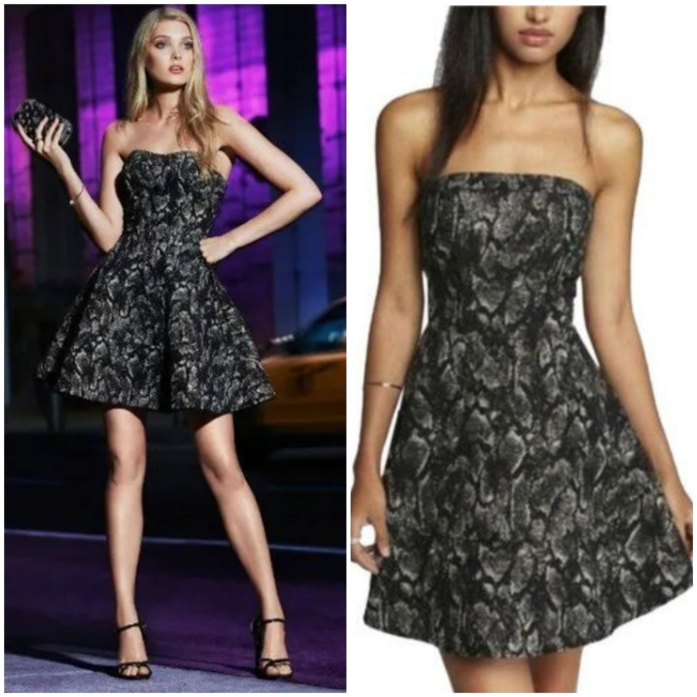 🆕️Express Shimmer Snakeskin Print Strapless A-Line Silhouette Flare Mini Dress
